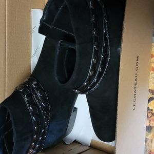 Shoes, black suede ankle boots with studded wraparound. Never worn